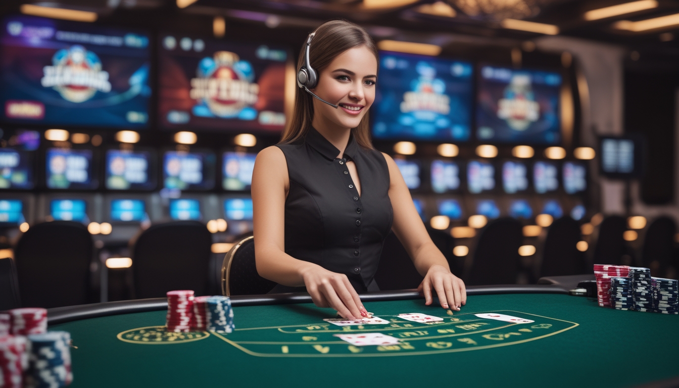 Seorang dealer wanita duduk di meja kasino dengan kartu dan chip, di latar belakang layar menampilkan permainan kasino langsung.