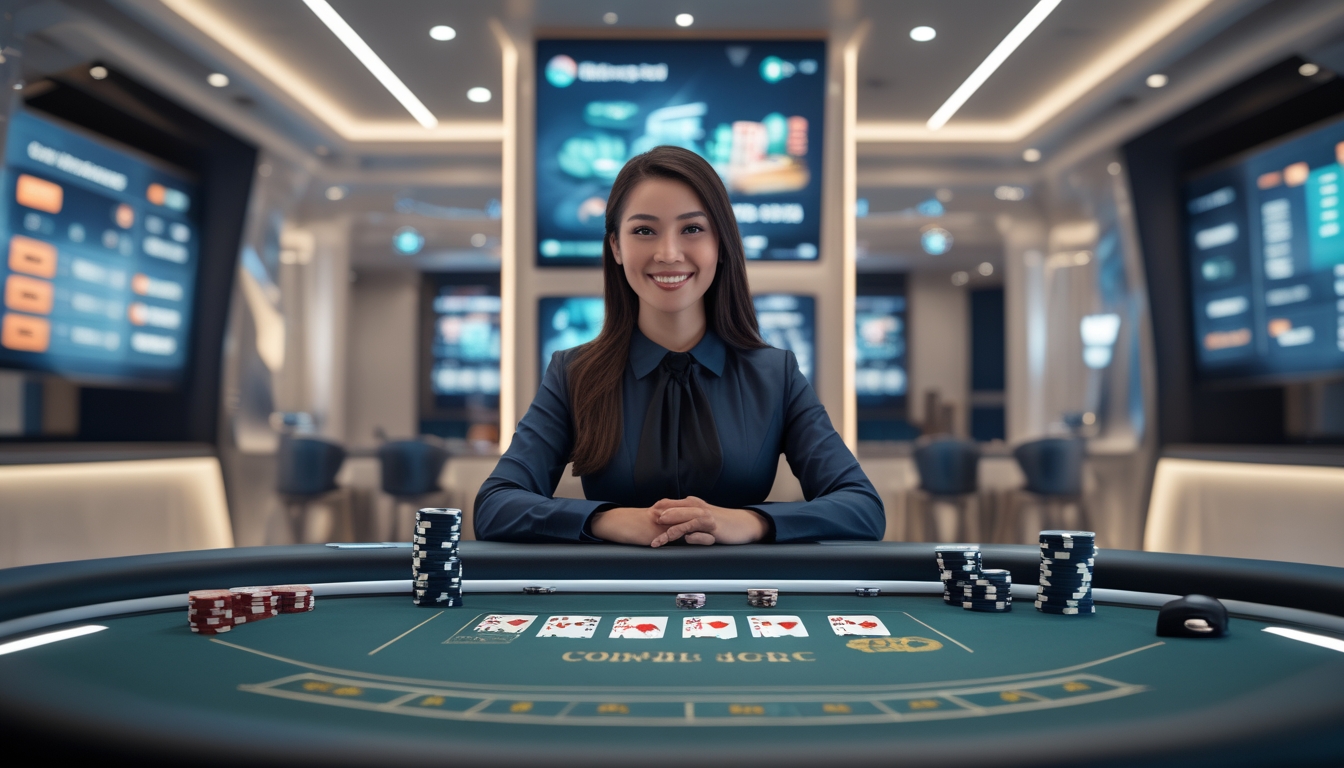 Seorang dealer wanita profesional duduk di meja kasino dengan kartu dan chip, dikelilingi layar teknologi tinggi yang menampilkan permainan langsung.