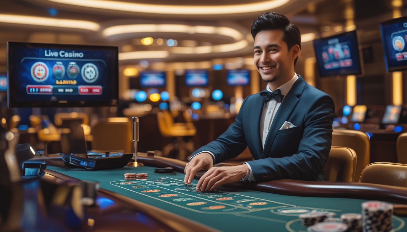 Seorang dealer kasino asli yang tersenyum di meja permainan dengan layar digital di latar belakang dalam suasana kasino yang mewah dan profesional.
