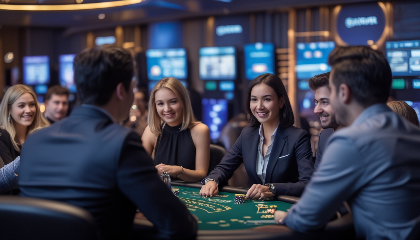 Seorang dealer asli sedang mengelola permainan kasino langsung dengan beberapa pemain yang fokus bermain di depan layar.