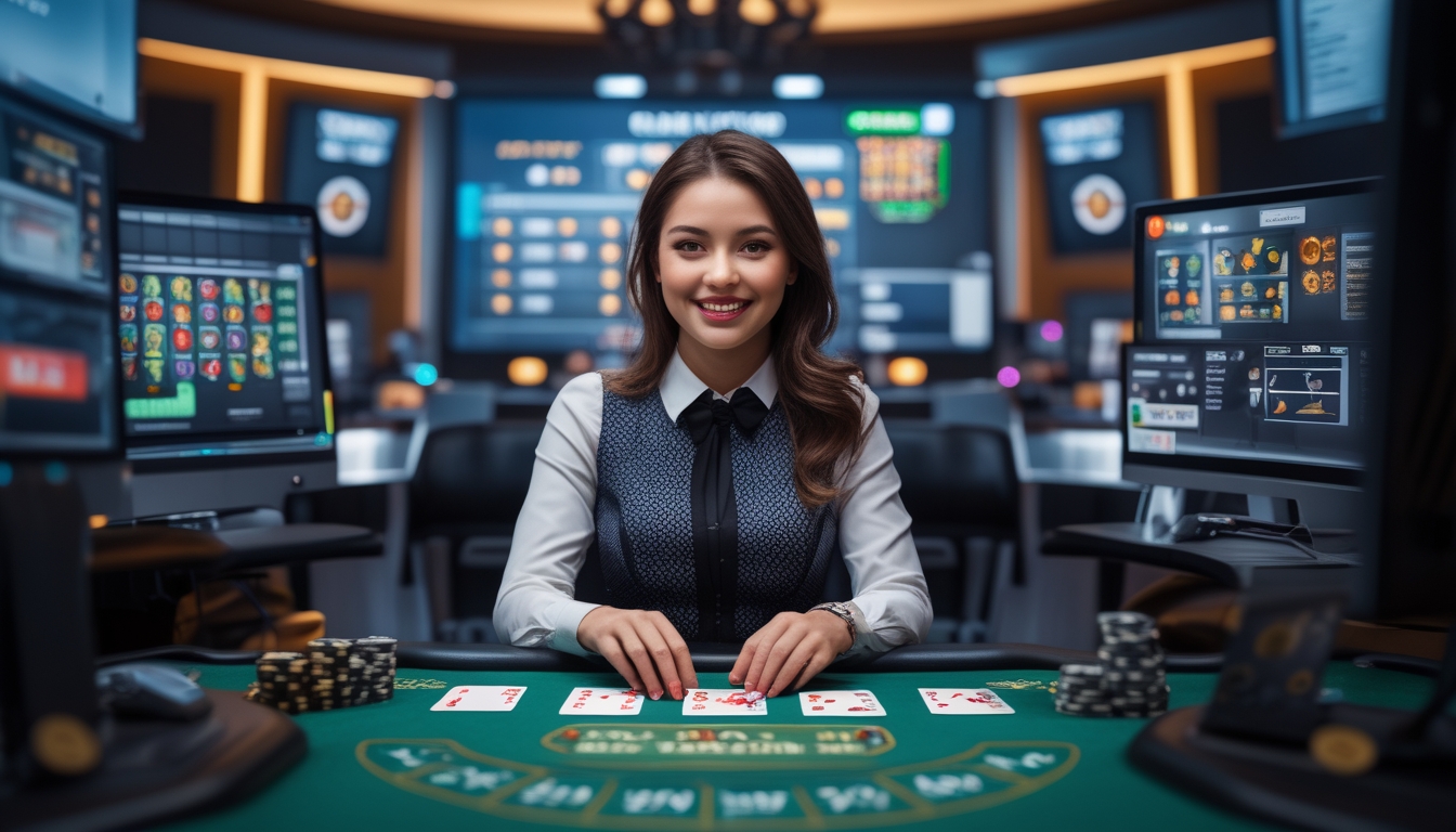 Seorang dealer wanita yang tersenyum duduk di meja kasino dengan kartu dan chip, dikelilingi oleh layar komputer di lingkungan kasino online.