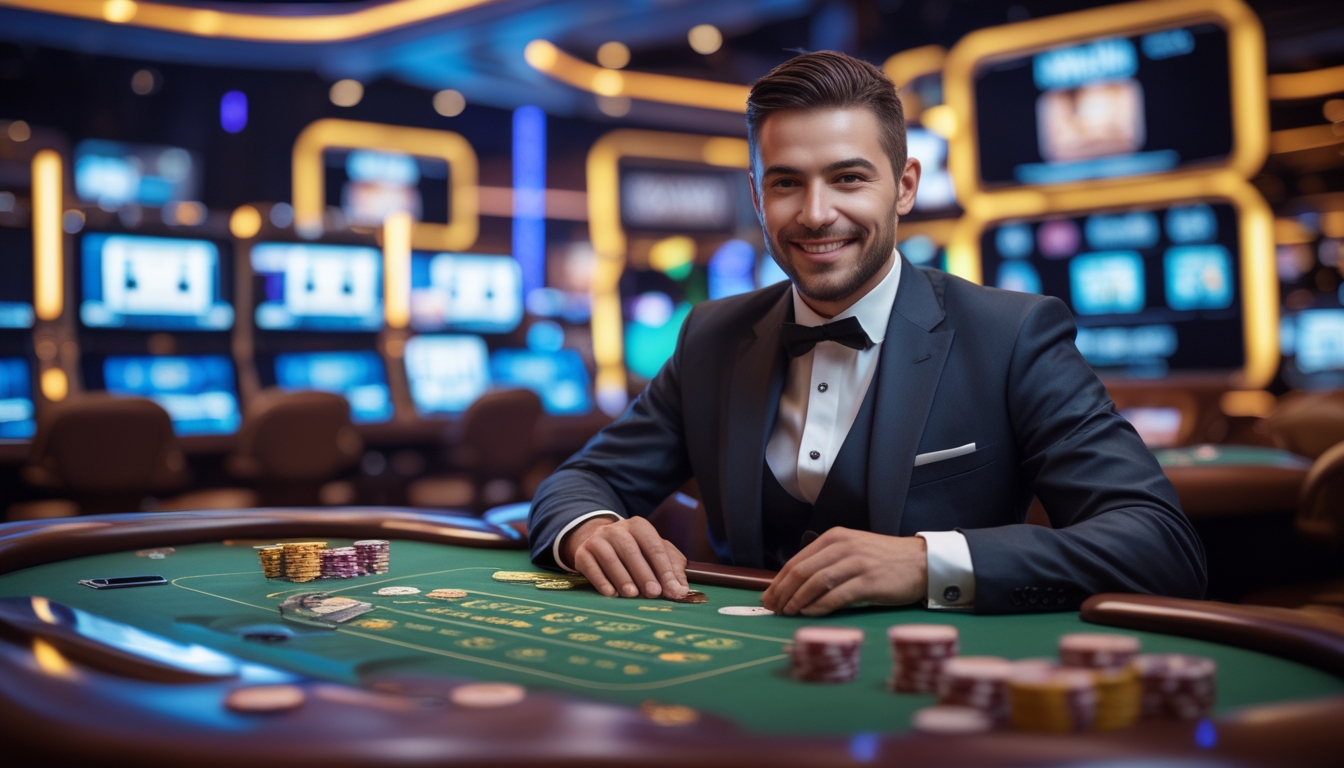 Seorang dealer profesional duduk di meja kasino dengan kartu dan chip, dikelilingi layar yang menunjukkan permainan kasino langsung.