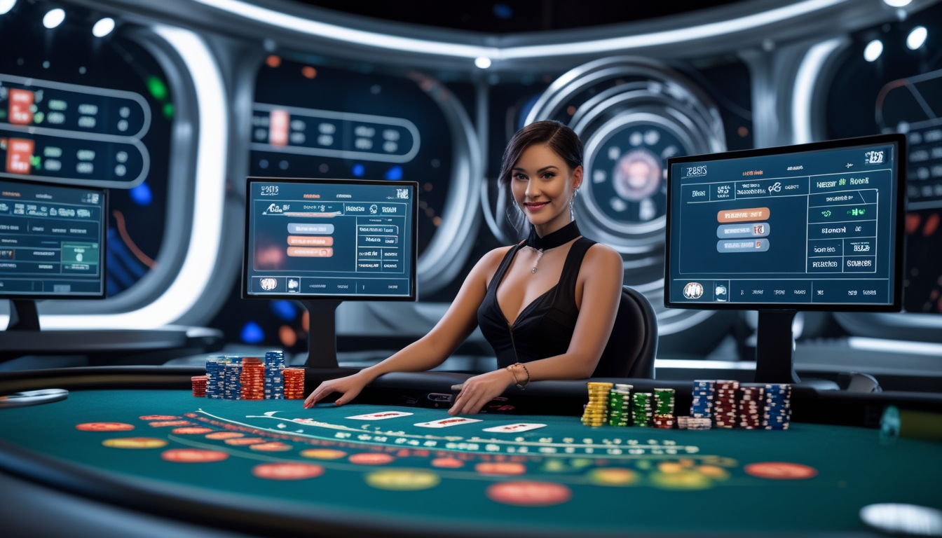 Seorang dealer nyata sedang melayani taruhan di meja kasino dengan layar dan peralatan canggih di sekitarnya.