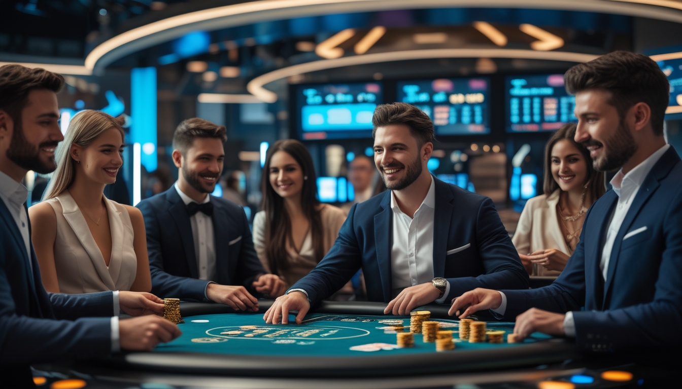 Seorang dealer nyata sedang membagikan kartu kepada pemain dalam suasana kasino langsung online dengan teknologi modern dan pemain yang terlibat dalam taruhan waktu nyata.
