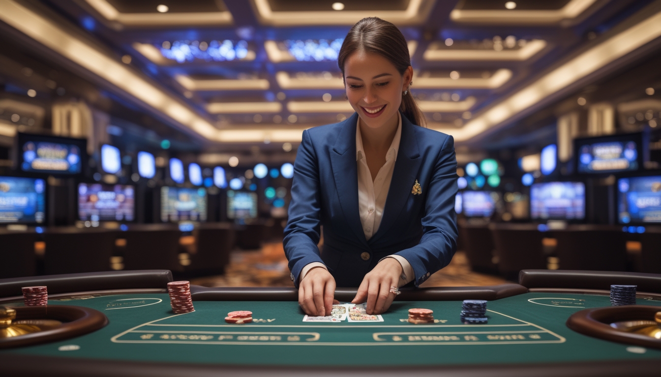 Seorang dealer kasino wanita yang tersenyum sedang membagikan kartu di meja kasino dengan layar permainan di latar belakang.