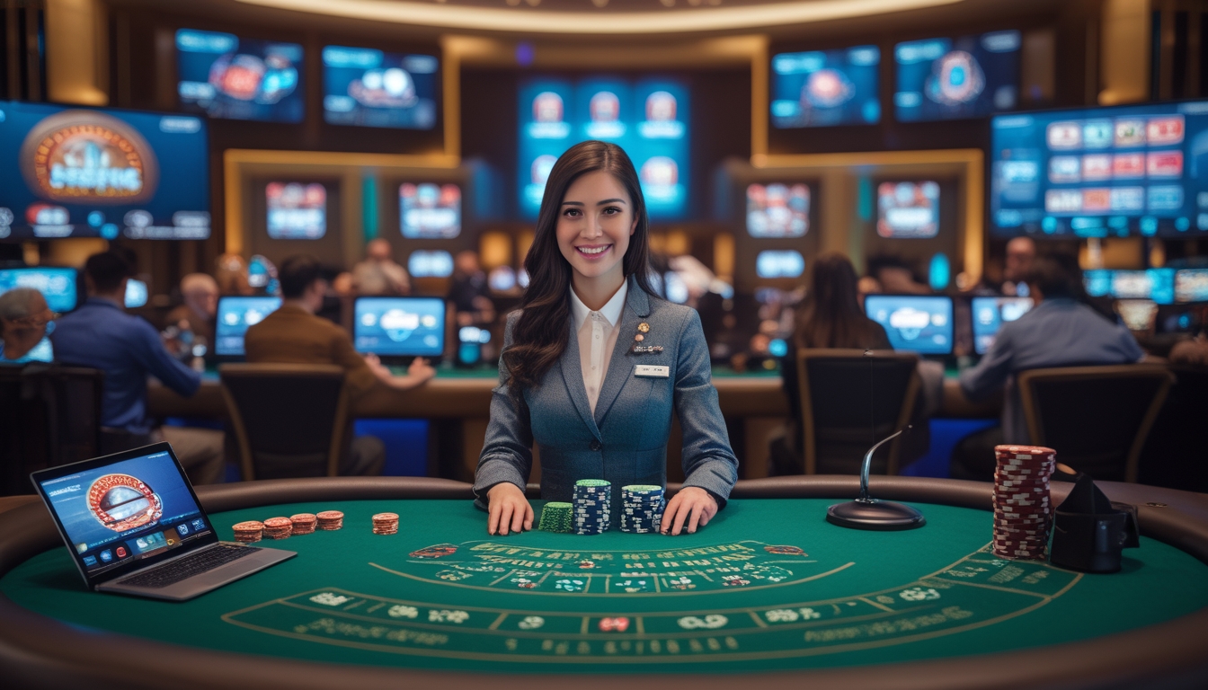 Seorang dealer kasino profesional di meja hijau dengan kartu dan chip, dikelilingi oleh layar dan pemain yang menggunakan perangkat elektronik.