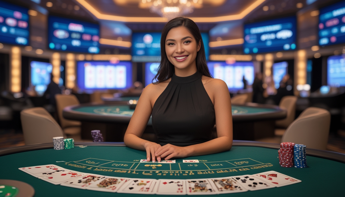 Seorang dealer wanita tersenyum duduk di meja kasino hijau dengan kartu dan chip, di latar belakang layar menampilkan permainan kasino populer.