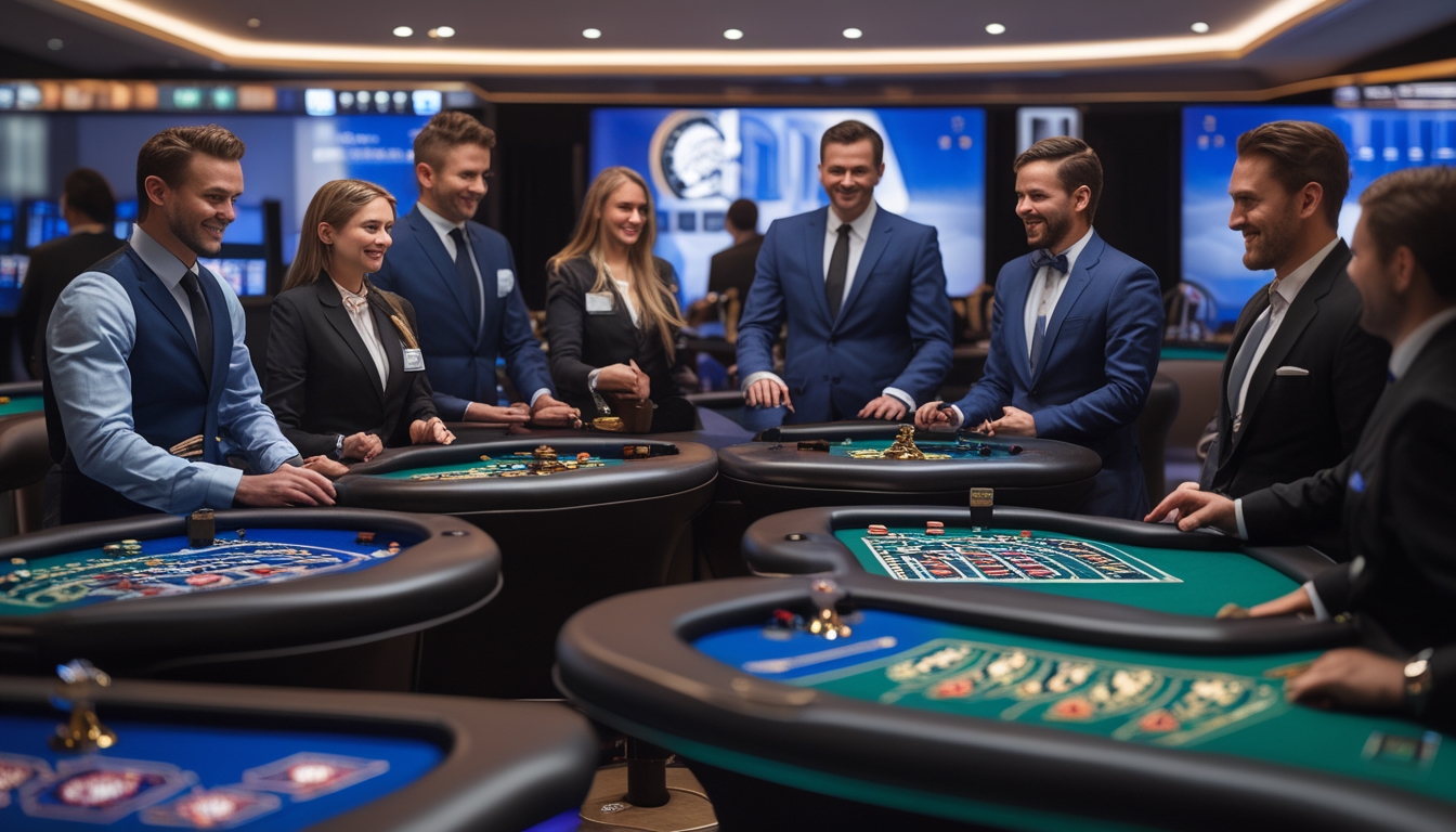 Suasana kasino langsung online dengan dealer profesional dan pemain yang bermain di meja permainan populer seperti blackjack dan roulette.