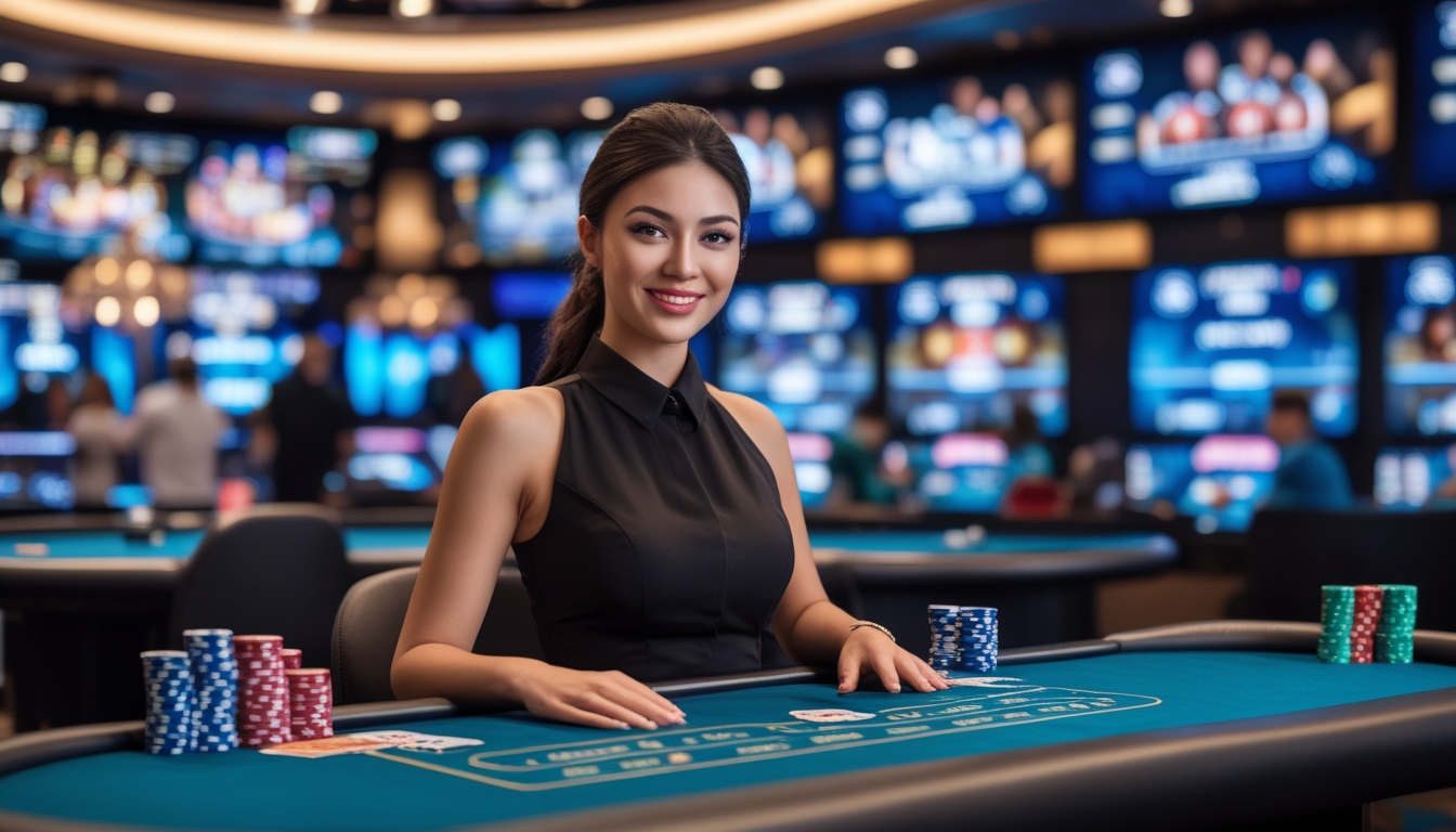 Seorang dealer wanita profesional duduk di meja permainan kasino dengan kartu dan chip, dikelilingi oleh layar digital yang menampilkan permainan kasino langsung.