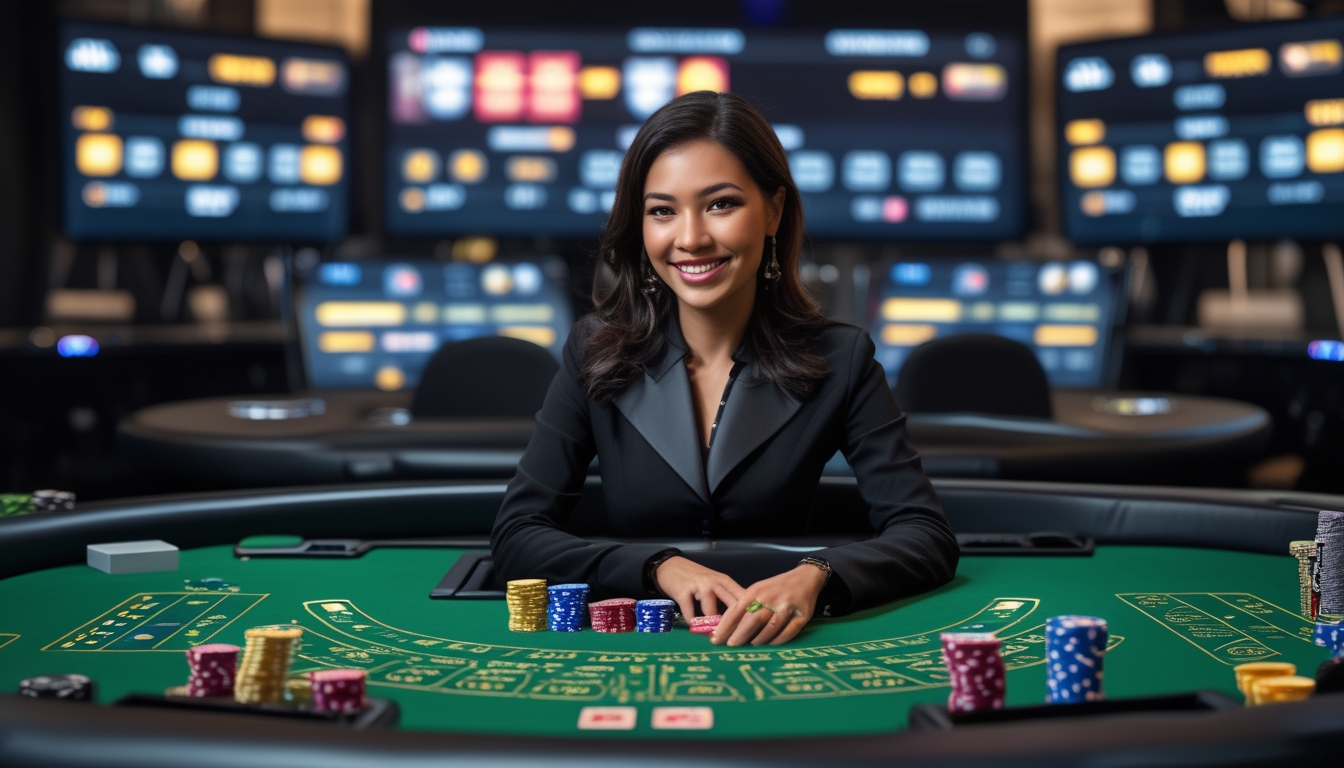 Seorang dealer wanita profesional di meja kasino dengan kartu dan chip, di studio kasino online yang modern dengan layar permainan di latar belakang.