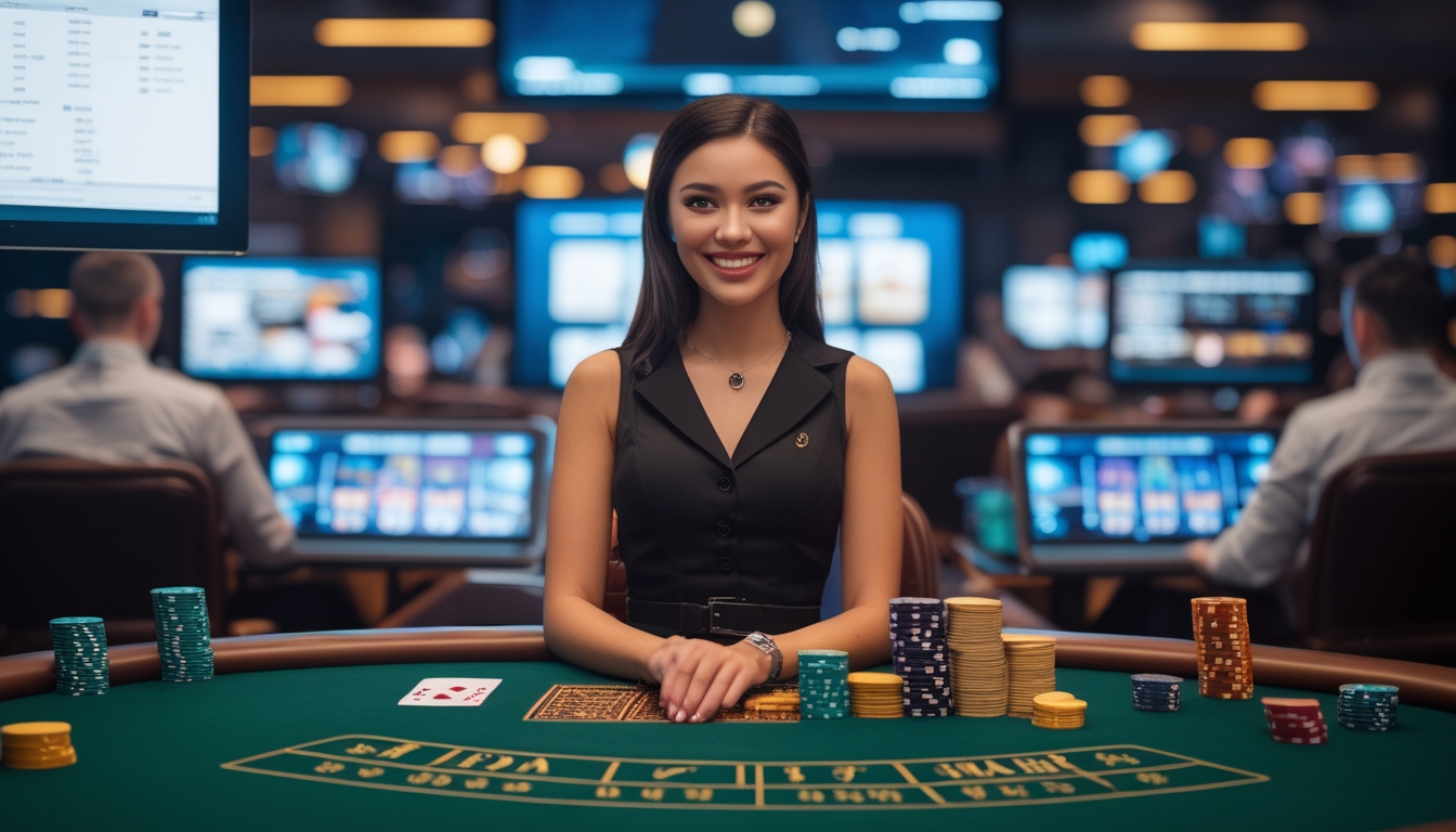 Seorang dealer wanita profesional di meja kasino dengan kartu dan chip, di latar belakang terlihat layar komputer dan peralatan siaran langsung.