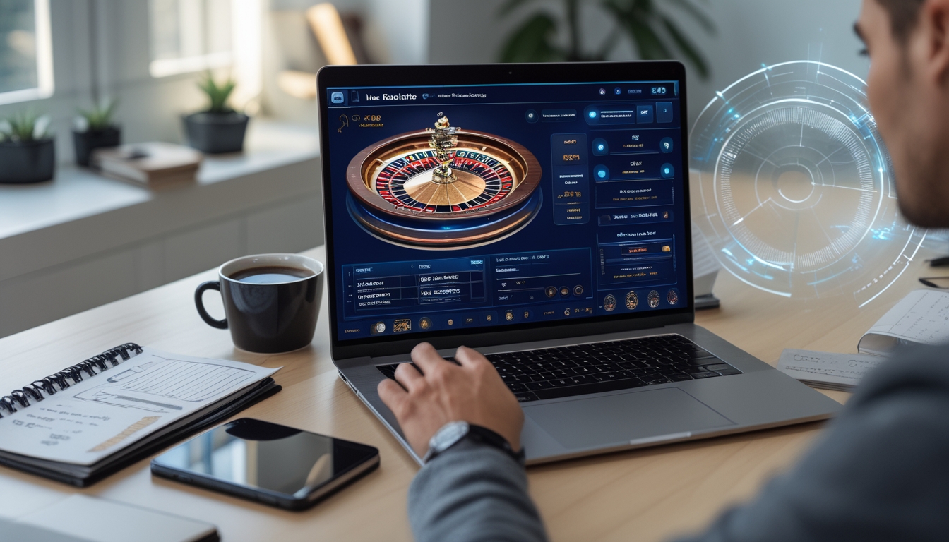 Seorang pemain pemula sedang belajar strategi live roulette online dengan laptop yang menampilkan permainan roulette dan catatan strategi di meja kerja.