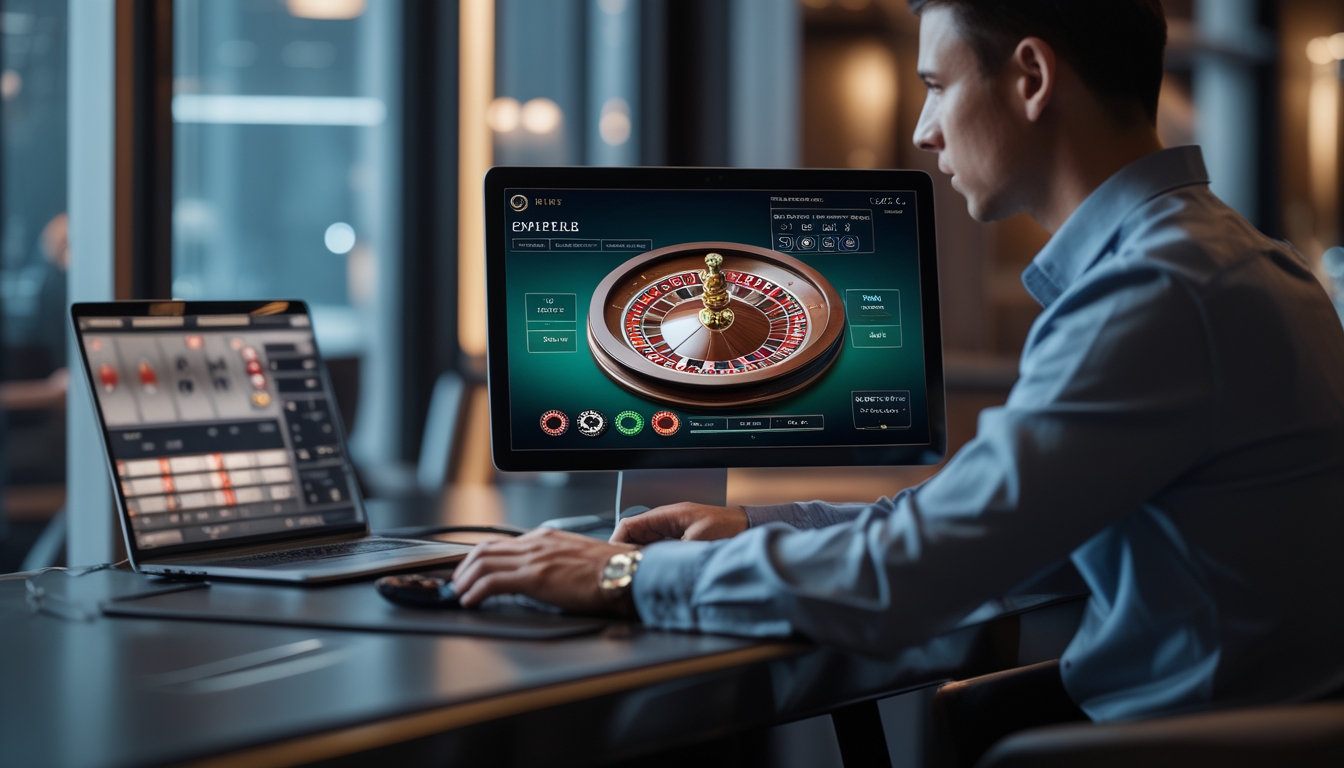 Seorang pemain fokus menggunakan komputer untuk bermain roulette langsung secara online dengan tampilan roda roulette yang berputar dan meja taruhan.