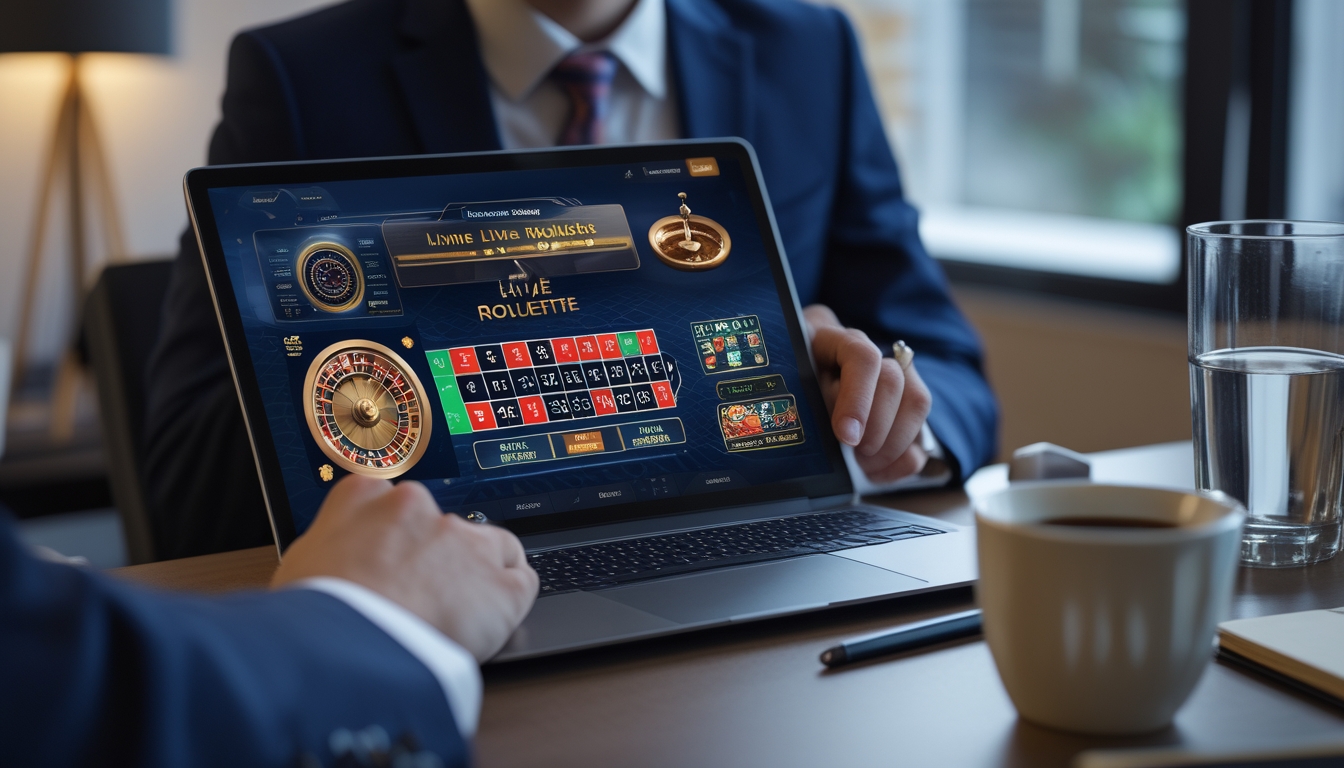 Seseorang yang fokus menggunakan laptop untuk bermain live roulette online dengan suasana ruangan modern.