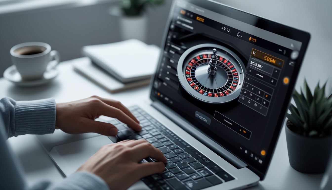 Seorang pemain sedang menggunakan komputer untuk bermain live roulette online dengan tampilan roda roulette dan pilihan taruhan terlihat di layar.