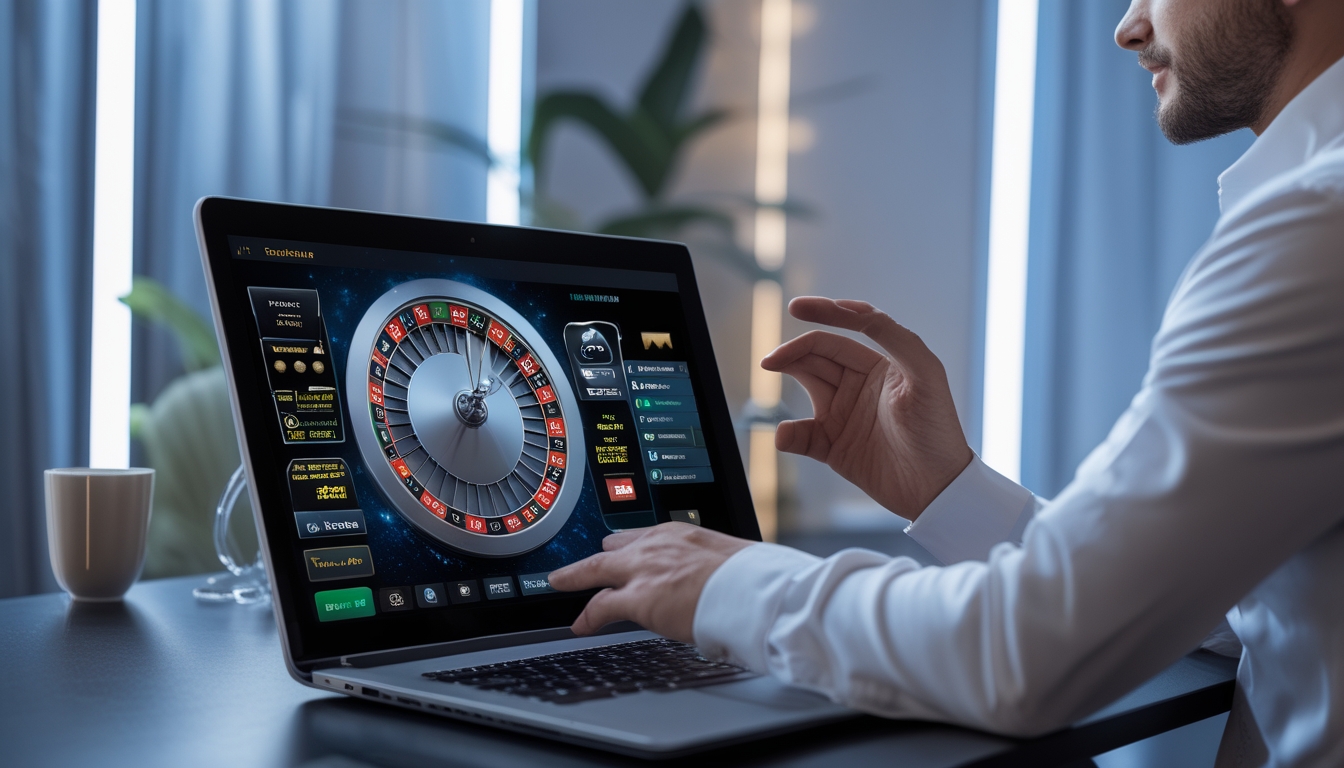 Seorang pria atau wanita sedang menggunakan komputer dengan permainan roulette langsung ditampilkan di layar, di dalam ruangan modern dan nyaman.
