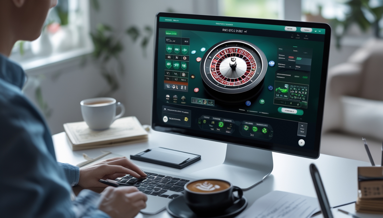 Seorang pemain yang fokus dengan layar komputer menampilkan permainan roulette langsung, di meja terdapat catatan dan cangkir kopi.