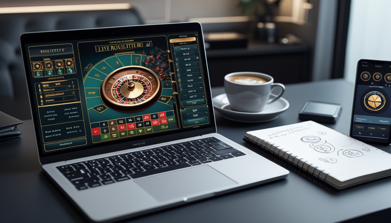 Seseorang sedang menggunakan laptop dengan permainan roulette online dan catatan strategi taruhan di meja kerja.