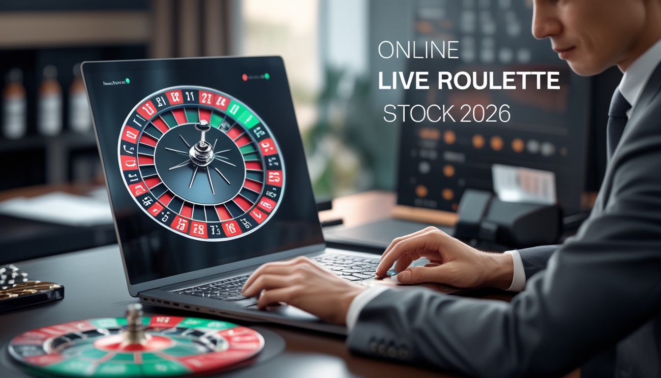 Seseorang sedang bermain roulette online dengan komputer yang menampilkan roda roulette dan meja taruhan berwarna merah dan hitam.