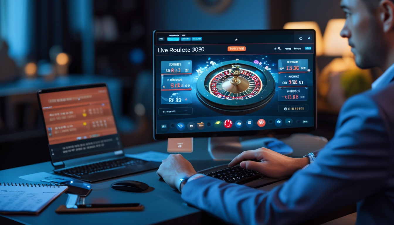 Seseorang yang fokus menggunakan komputer untuk bermain roulette online dengan suasana ruang kerja yang rapi dan peralatan strategi di meja.