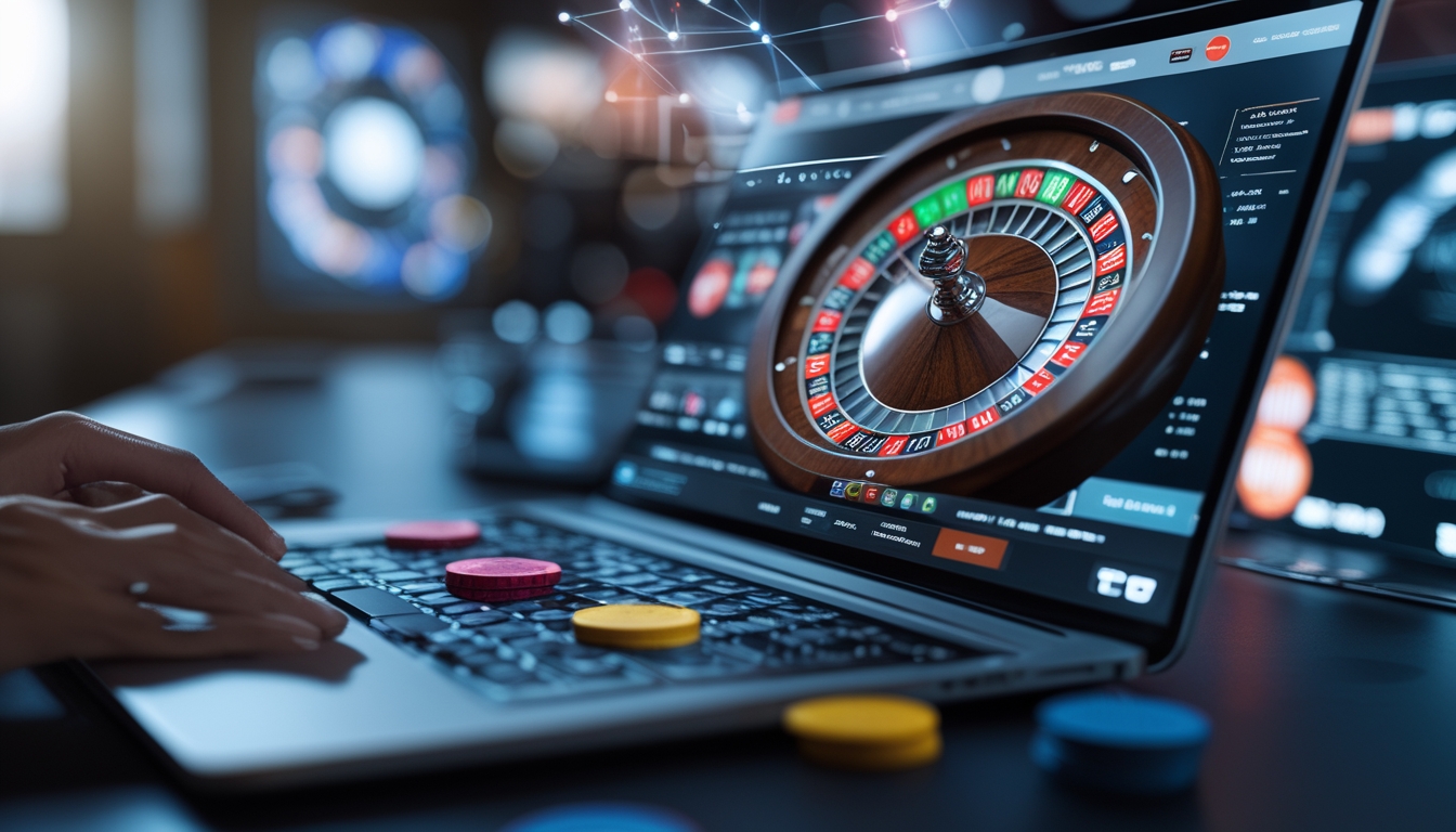 Seorang pemain sedang menggunakan komputer dengan tampilan permainan roulette online yang aktif, menampilkan roda roulette dan chip taruhan.