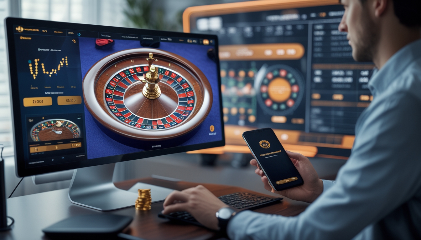 Seseorang sedang bermain roulette online dengan komputer dan perangkat digital di ruang kerja modern.