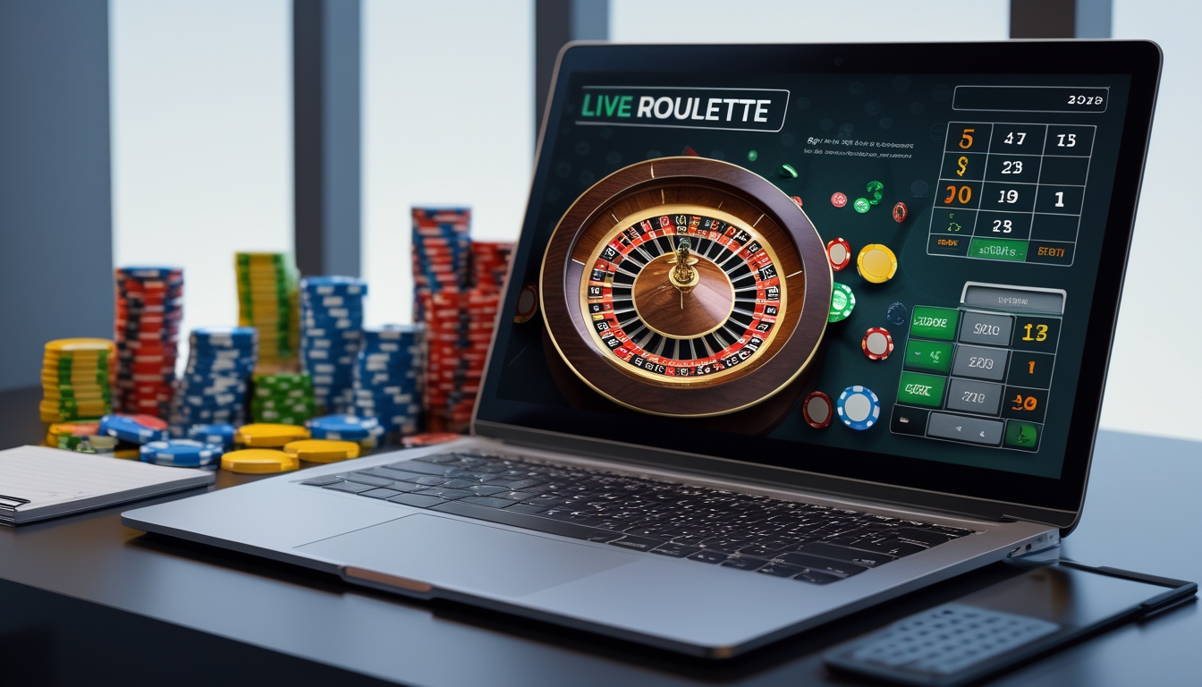 Seorang pemain sedang menggunakan komputer dengan tampilan permainan roulette online yang sedang berlangsung, di meja terdapat chip dan alat tulis untuk mengelola taruhan.