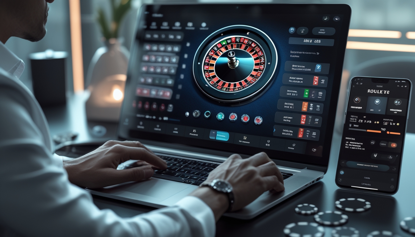 Seorang pemain profesional sedang bermain roulette online dengan layar komputer menampilkan roda roulette dan taruhan dalam ruangan yang rapi.