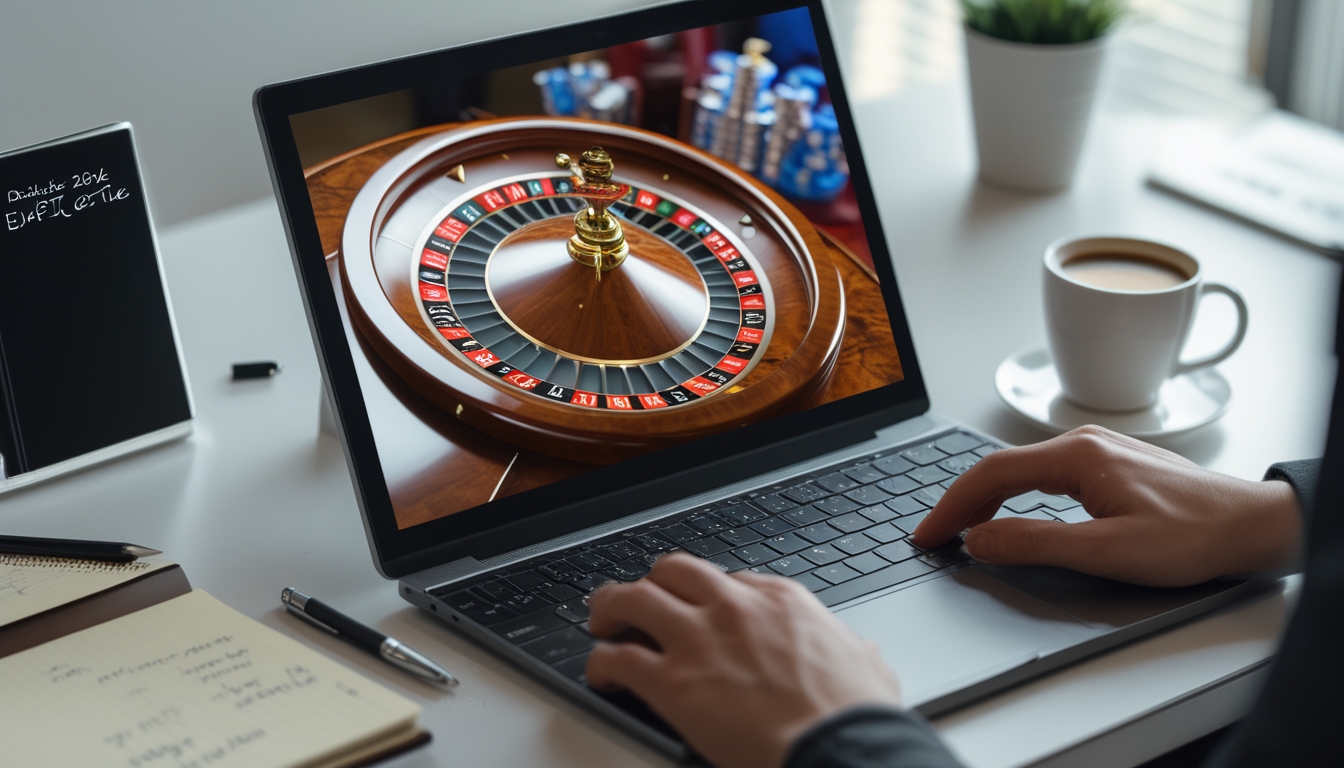Seorang pemain fokus pada layar komputer yang menampilkan permainan roulette langsung dengan bola putih berputar di roda roulette, di atas meja terdapat buku catatan dan cangkir kopi.