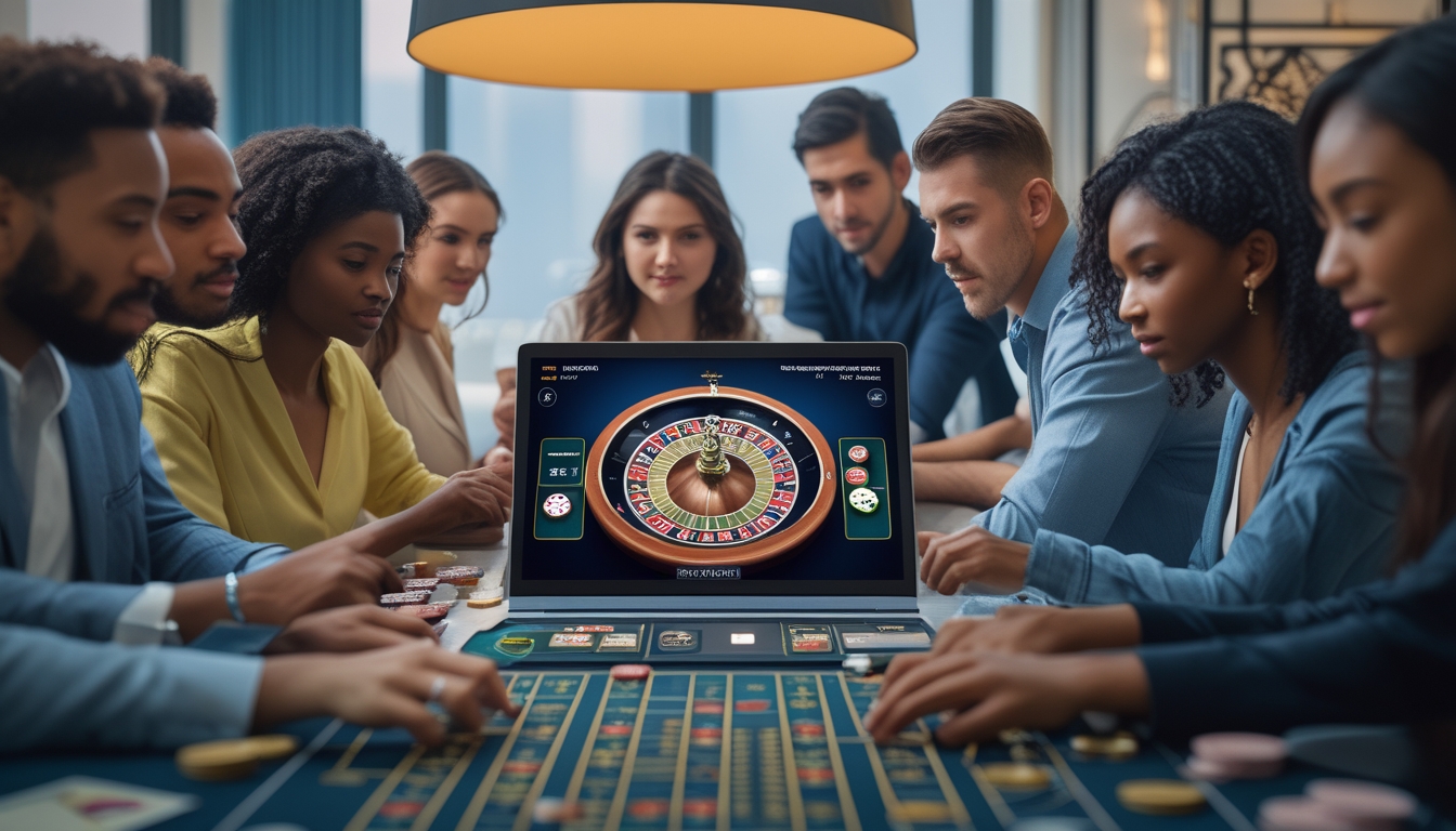 Beberapa pemain fokus bermain roulette online di depan layar komputer dengan roda roulette yang berputar.