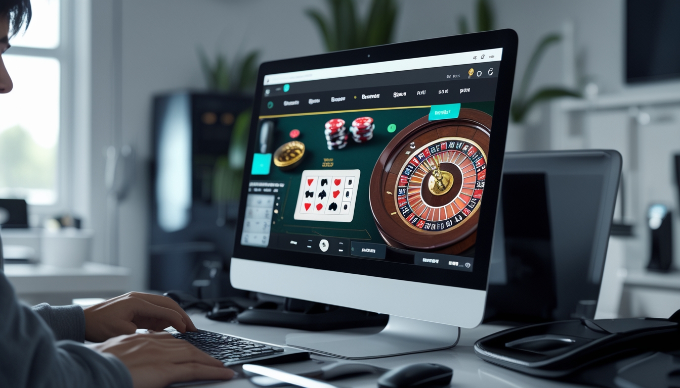 Seorang pemain fokus menggunakan komputer untuk bermain live roulette online dengan roda roulette yang berputar di layar.