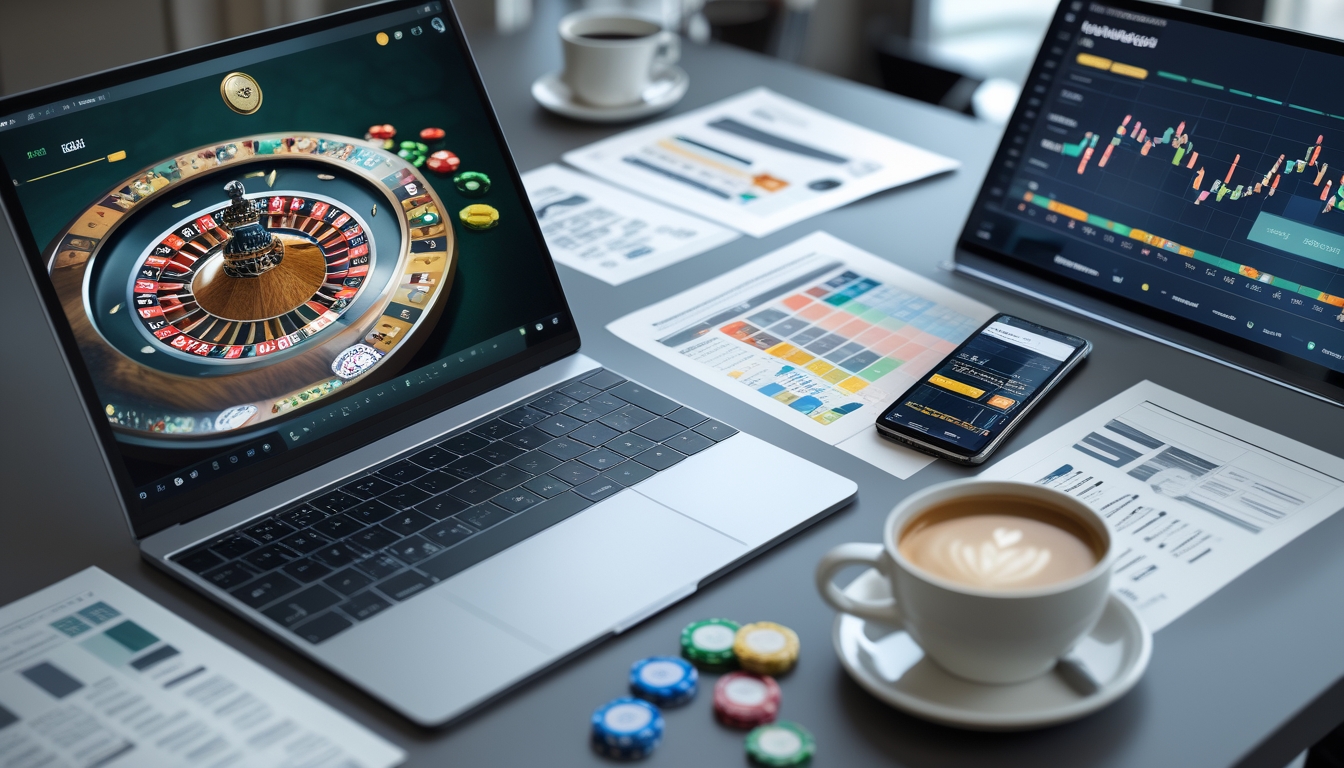 Seorang pemain sedang menggunakan laptop dengan tampilan roda roulette hidup dan grafik statistik di meja modern.