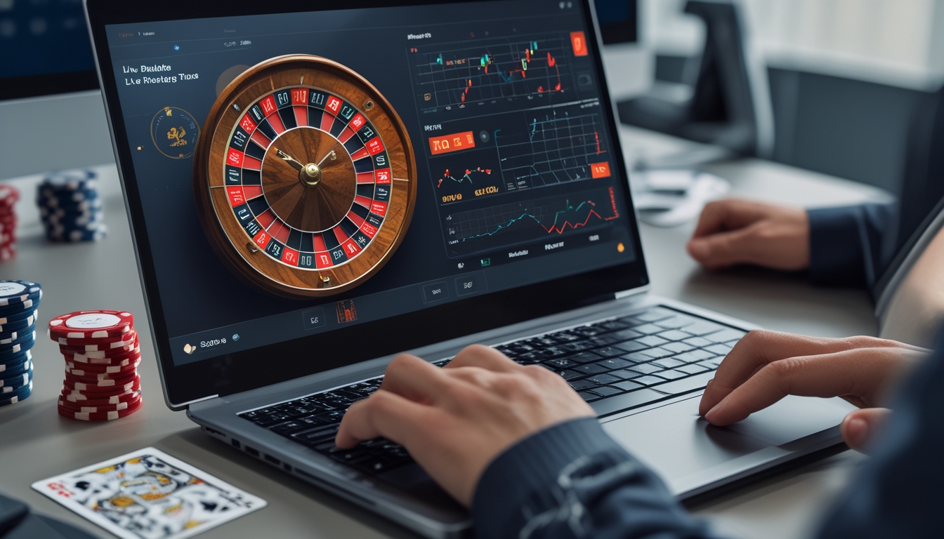 Seseorang sedang bermain roulette online dengan layar komputer menampilkan roda roulette dan grafik statistik di meja kerja yang rapi.
