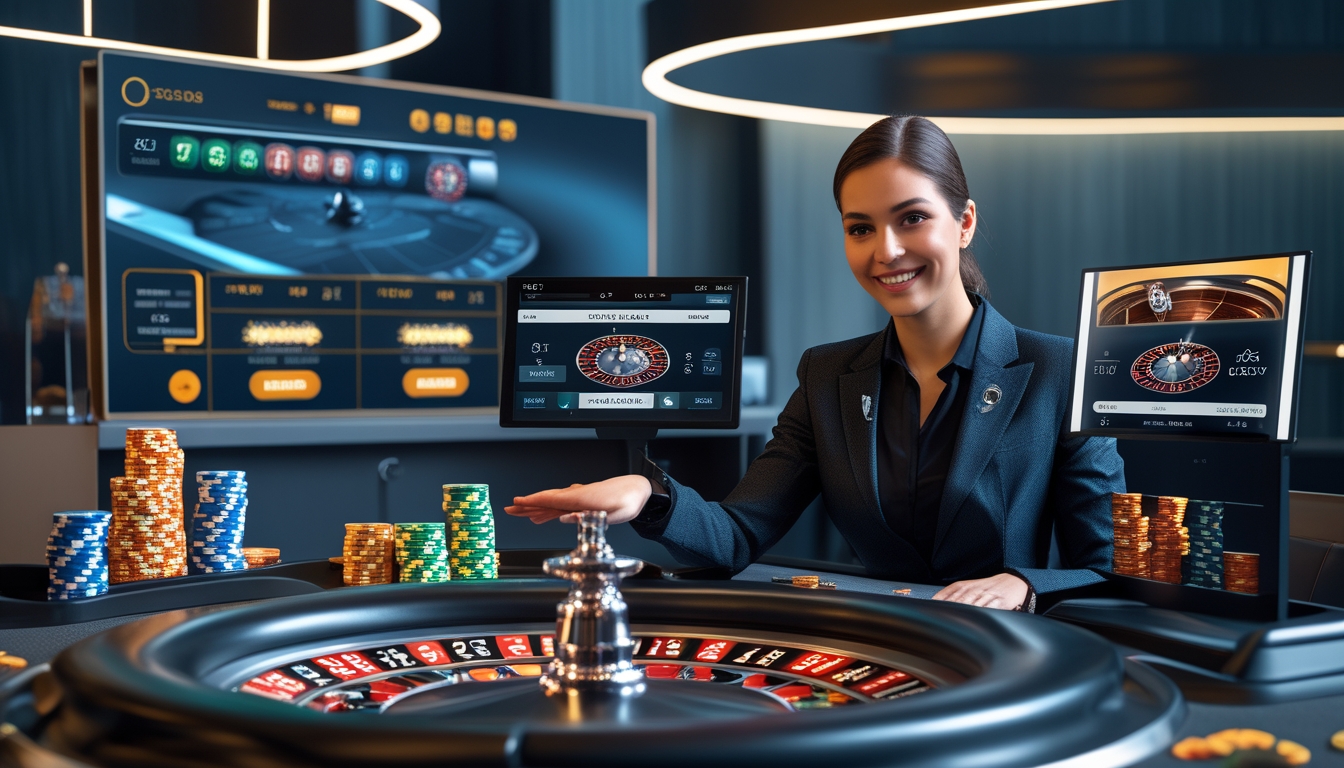 Seorang dealer profesional mengoperasikan meja roulette langsung dengan roda roulette berputar dan tumpukan chip warna-warni dalam studio kasino online modern.