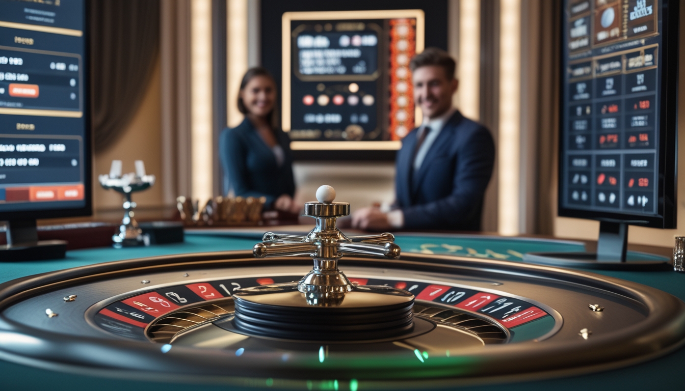 Meja roulette langsung dengan dealer profesional dan roda roulette yang berputar di kasino online modern.
