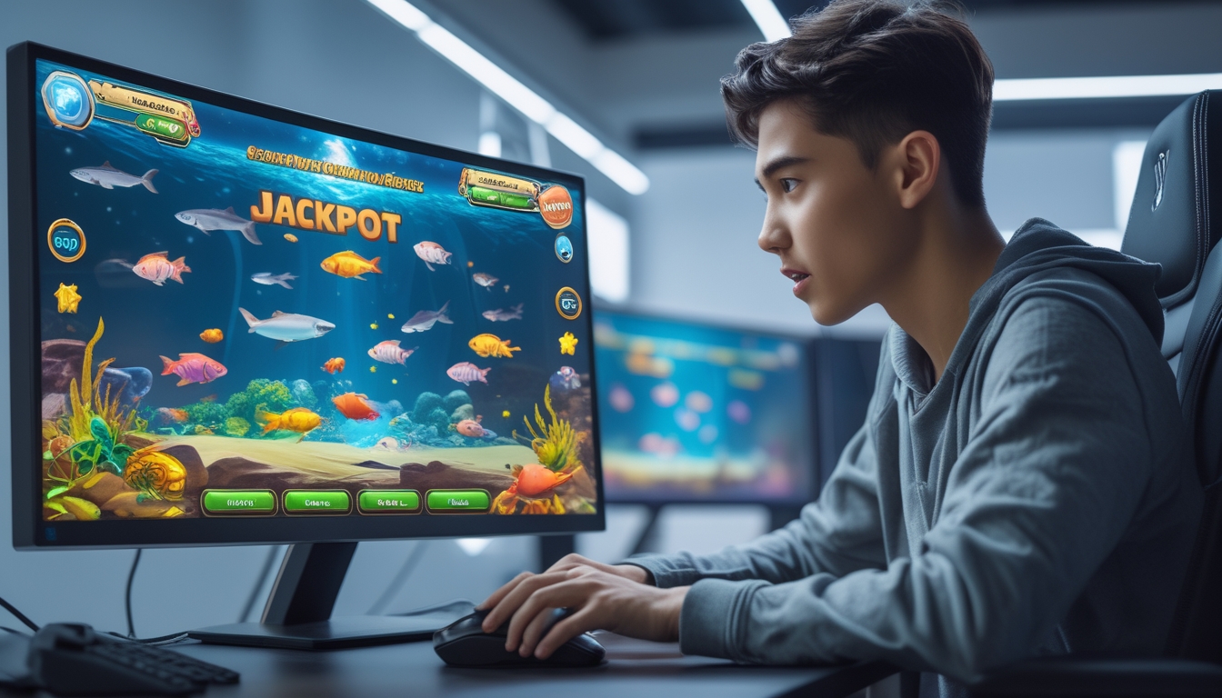 Seorang pria muda fokus bermain permainan tembak ikan di komputer dengan layar menampilkan berbagai ikan berwarna-warni dan simbol jackpot.