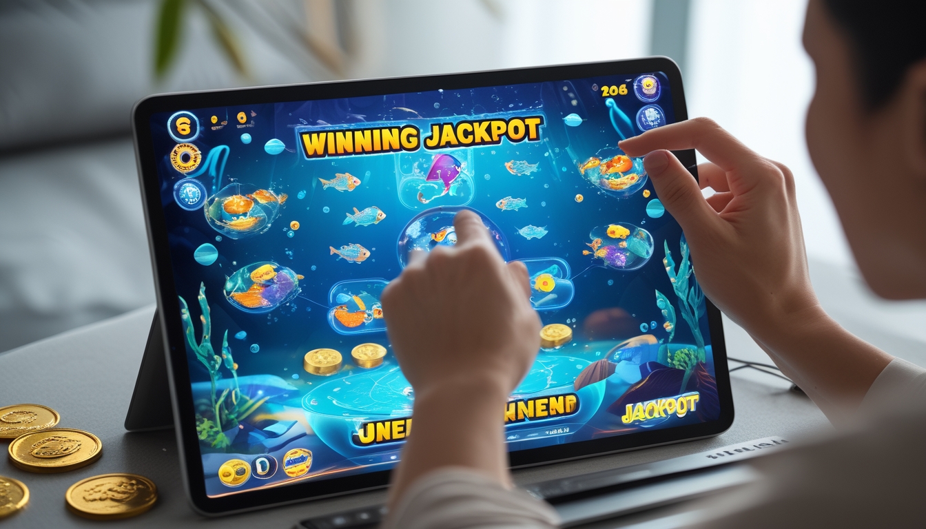 Seseorang sedang bermain game tembak ikan di perangkat digital dengan latar dalam ruangan yang nyaman.