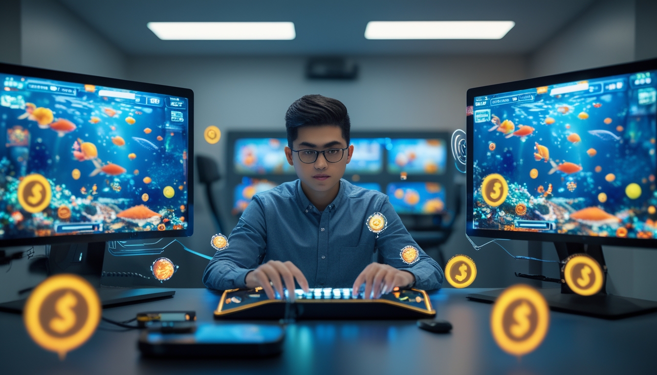 Seorang pemain muda fokus menggunakan perangkat gaming dengan layar menampilkan permainan tembak ikan berwarna-warni dan ikon jackpot.