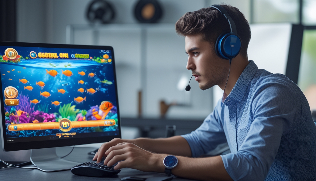 Seorang pemain muda sedang fokus bermain permainan tembak ikan online di komputer dengan latar belakang grafis ikan berwarna-warni dan suasana ruangan yang rapi.