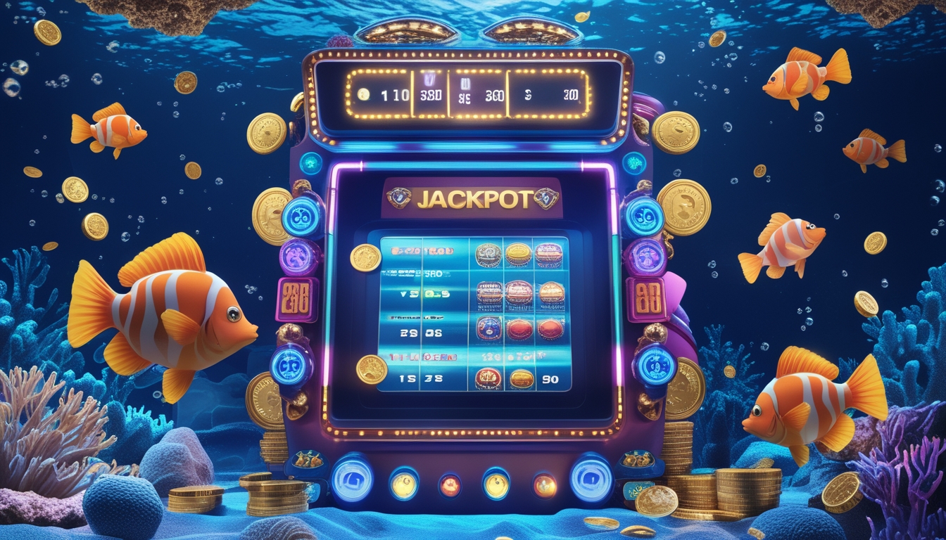 Sebuah mesin slot jackpot dengan ikan-ikan berwarna-warni di latar bawah laut yang penuh dengan karang dan koin emas.