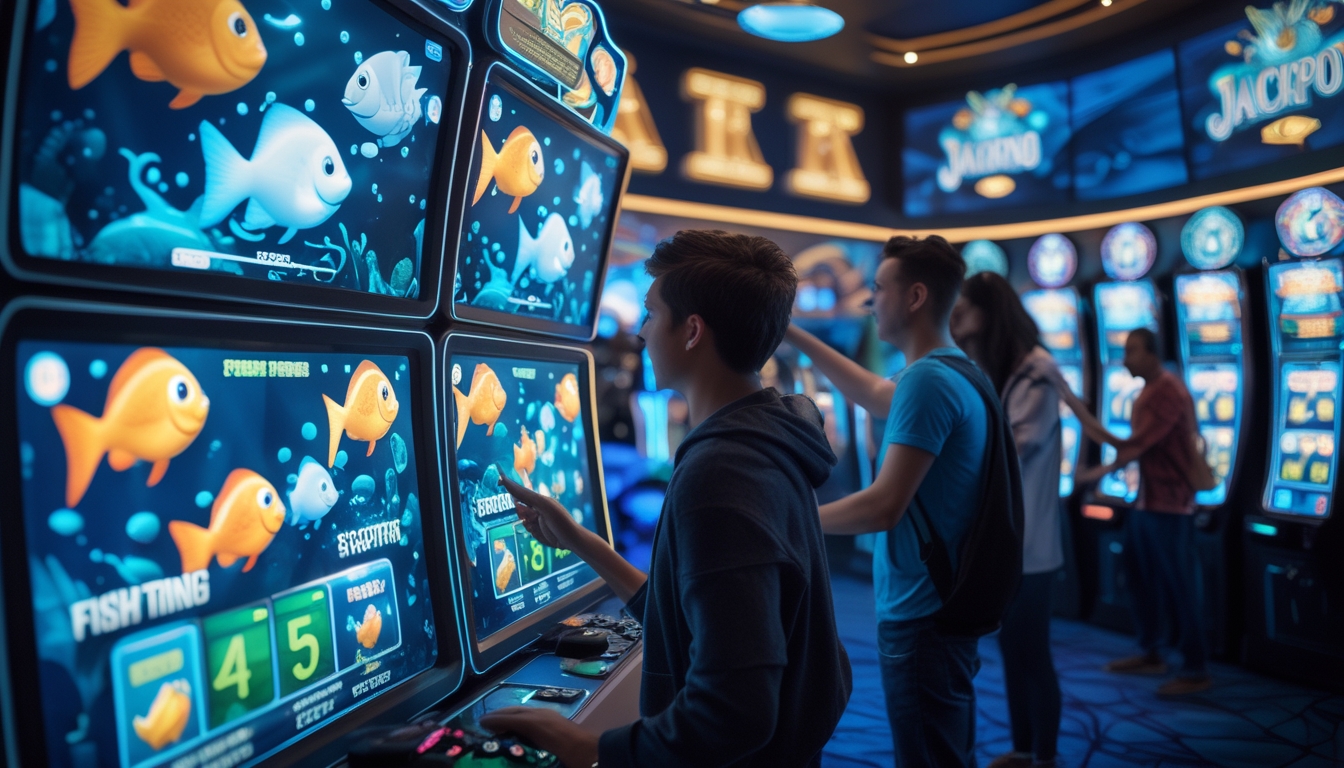 Suasana arcade permainan judi dengan orang-orang bermain permainan tembak ikan dan slot jackpot, menampilkan layar warna-warni dan suasana yang hidup.