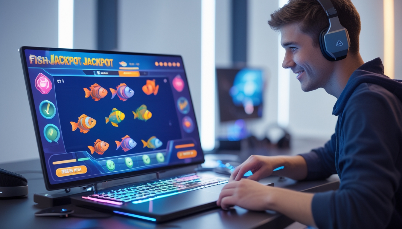 Seorang pemain muda sedang fokus bermain permainan tembak ikan di layar komputer dengan latar dalam ruangan yang terang dan peralatan gaming di sekitar.