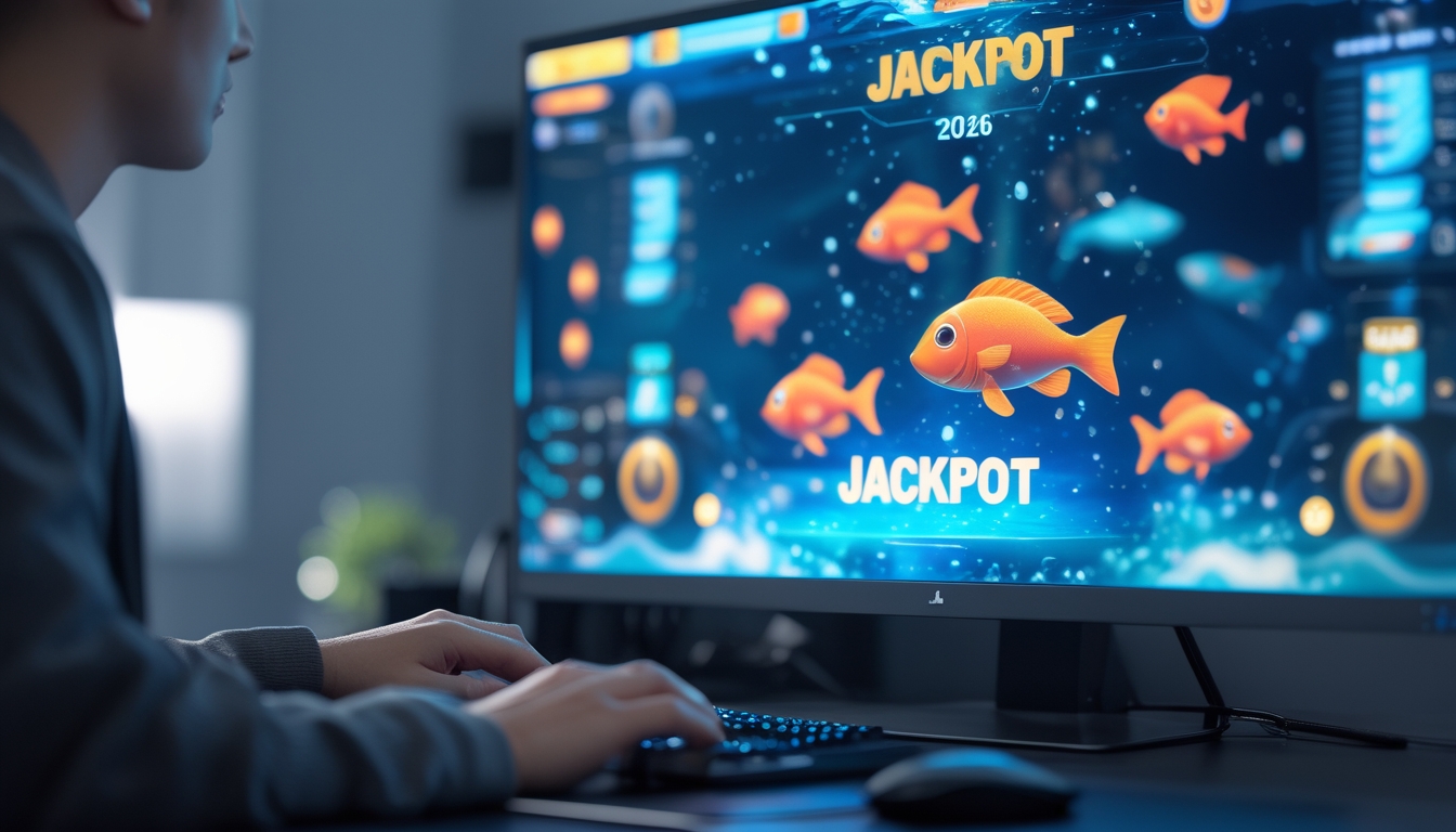 Seorang pemain sedang menggunakan komputer dengan layar menampilkan permainan tembak ikan berwarna-warni dan ikon jackpot.