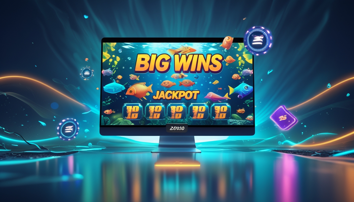Layar perangkat modern menampilkan permainan tembak ikan dengan ikan berwarna-warni dan ikon jackpot dalam suasana bawah laut yang hidup.