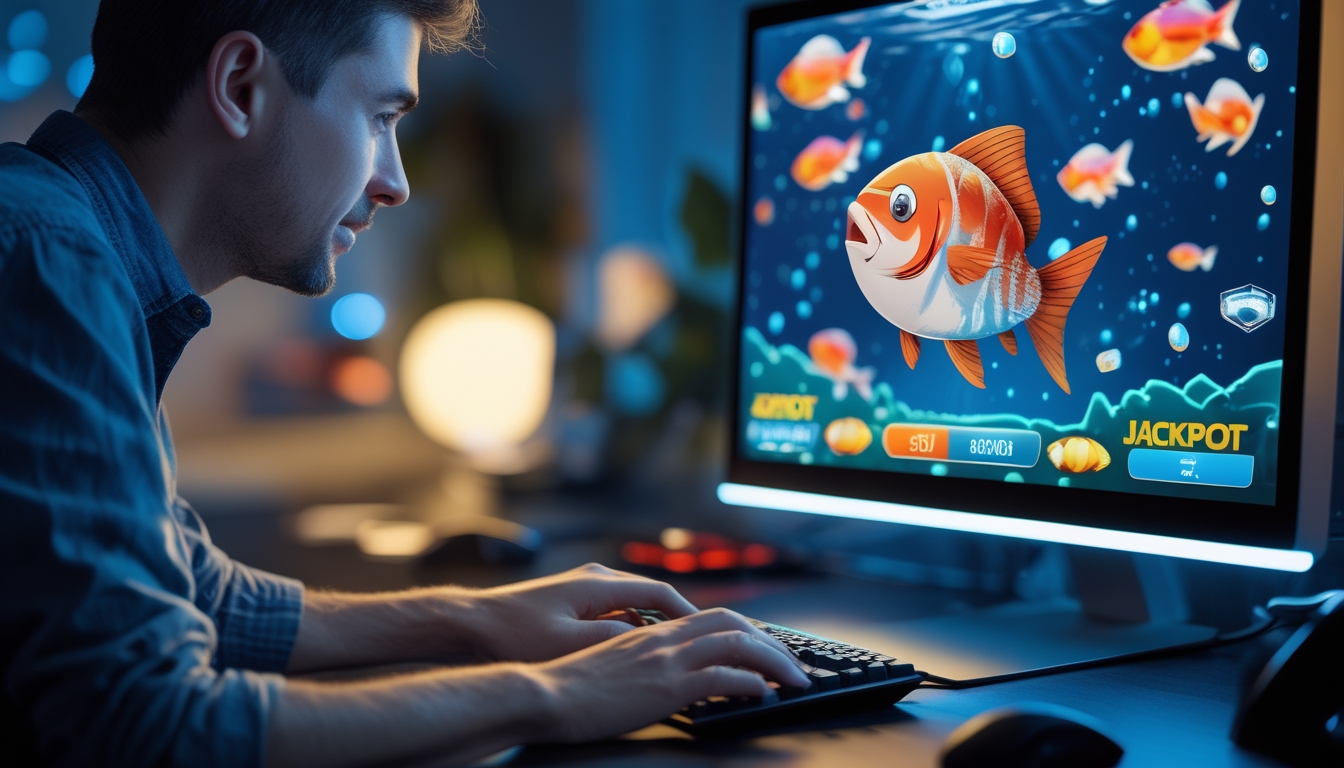 Seorang pemain dewasa sedang bermain permainan tembak ikan online dengan layar komputer menampilkan ikan warna-warni dan ikon jackpot.