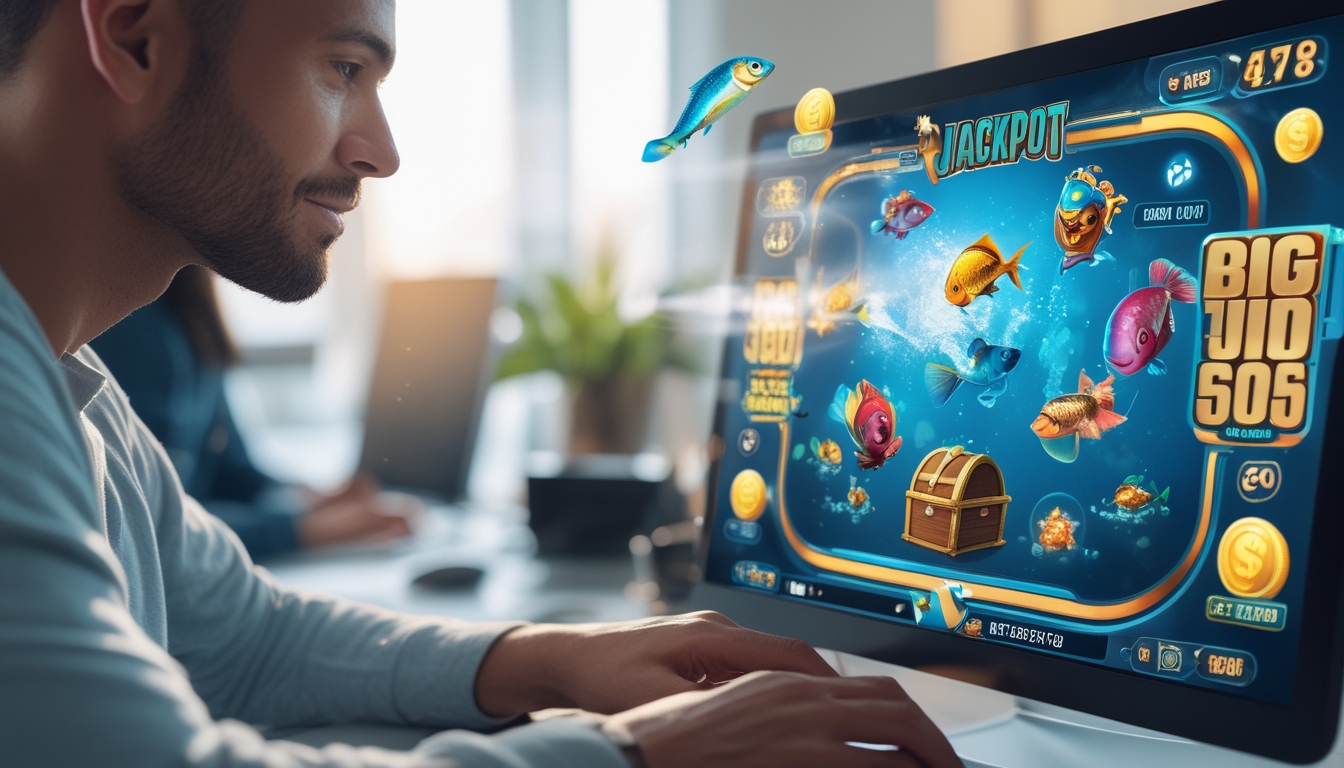 Seorang pemain dewasa fokus bermain game tembak ikan di layar komputer dengan grafis bawah laut berwarna-warni dan simbol jackpot di lingkungan rumah yang terang.