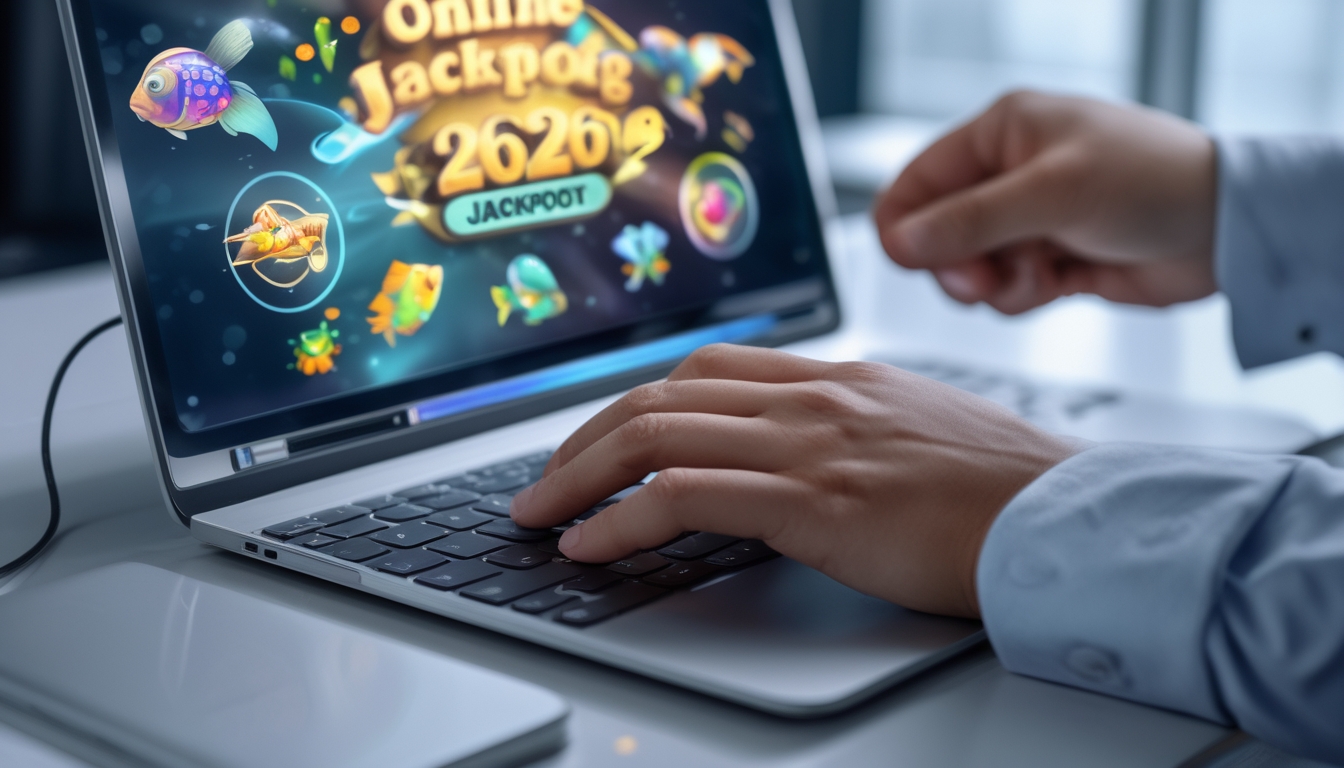 Seseorang bermain permainan judi tembak ikan di komputer dengan grafis ikan berwarna-warni dan simbol jackpot di layar.