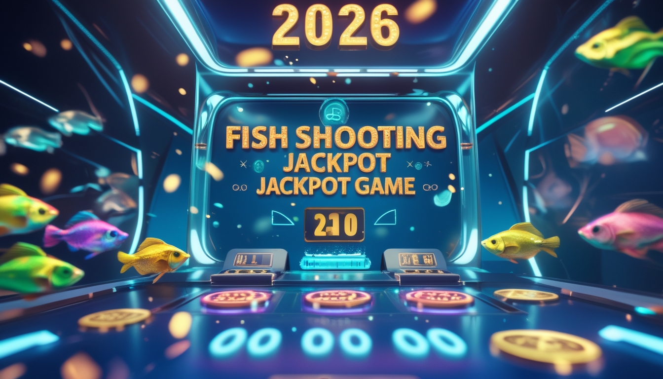 Tampilan layar permainan tembak ikan dengan ikan berwarna-warni dan indikator jackpot di latar belakang biru.