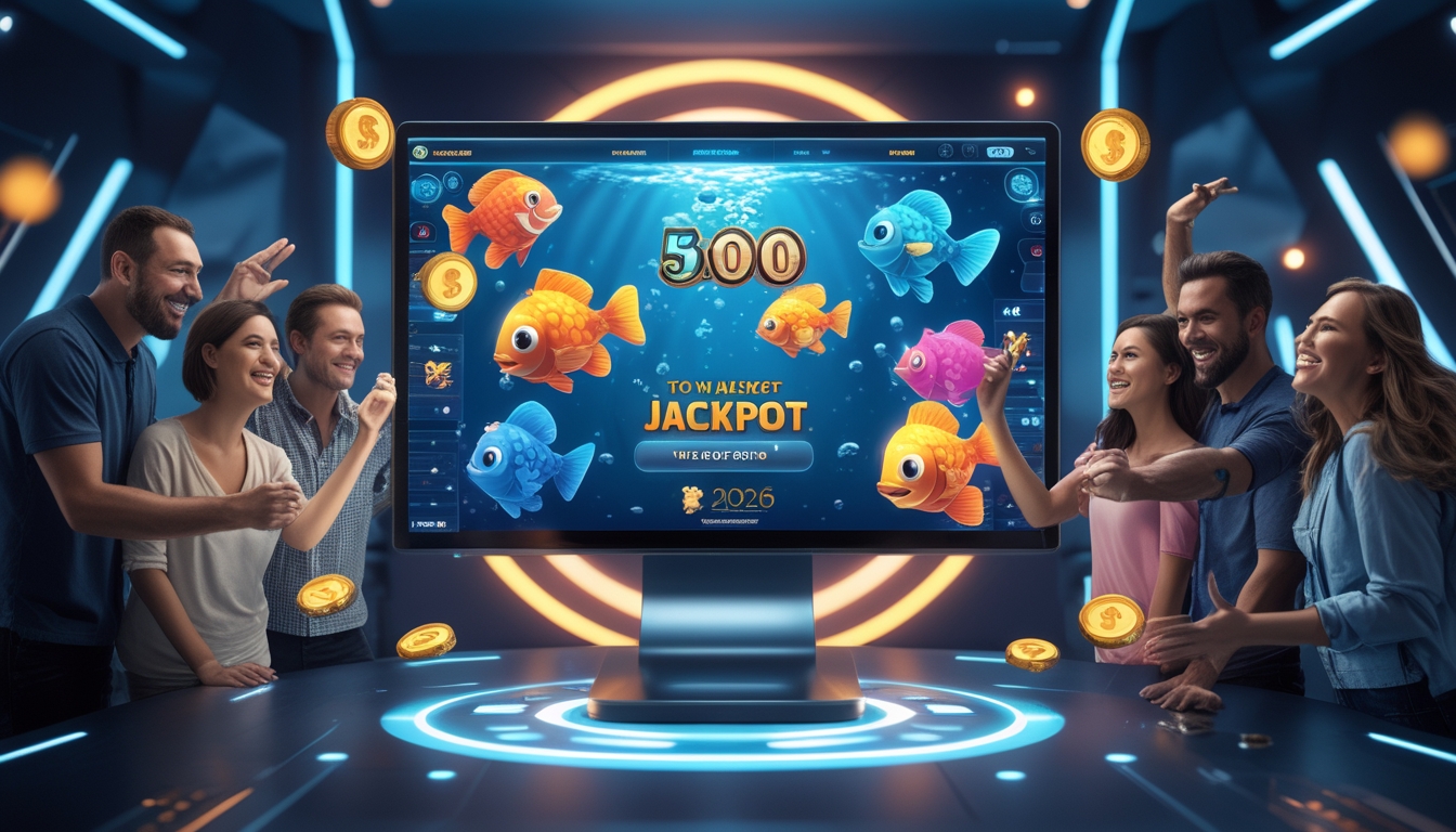Orang-orang yang antusias merayakan kemenangan jackpot saat bermain permainan tembak ikan online di layar perangkat digital.