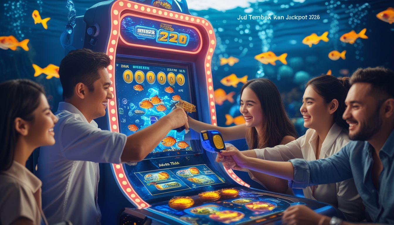 Orang-orang bermain mesin judi tembak ikan dengan latar bawah laut penuh ikan berwarna-warni dan suasana kasino yang ceria.